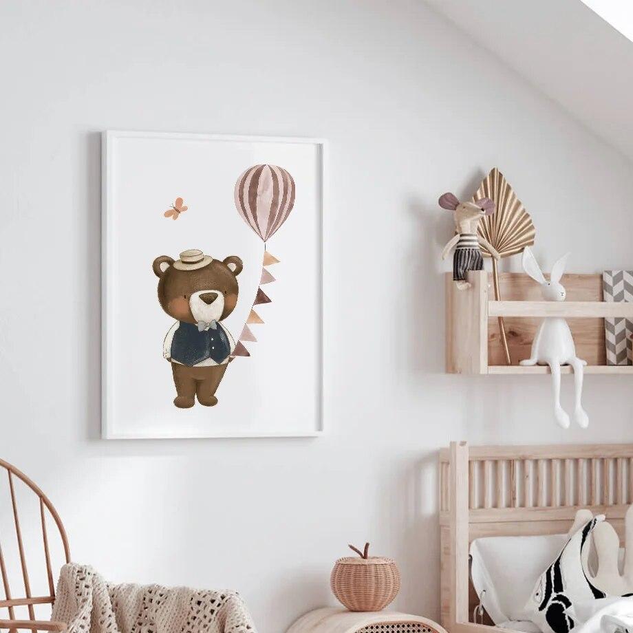 Boho Cartoon Bear Fox Goose Deer Hot Air Balloon Wall Art Canvas Painting Posters And Prints Pictures For Baby Kids Room Decor