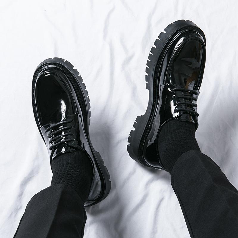 2025 Korean version of autumn glossy lace-up business leather shoes men's fashion big head business dress heightened thick-soled derby shoes
