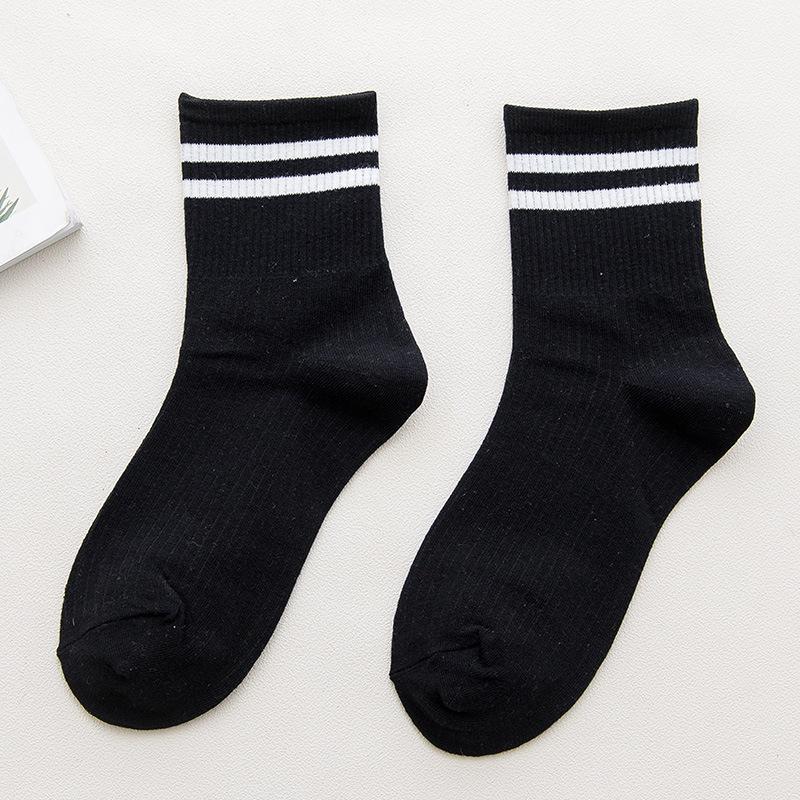 Japanese Style Women's Mid-Calf Cotton Socks - Double Stripe, Solid Color, Academy Style