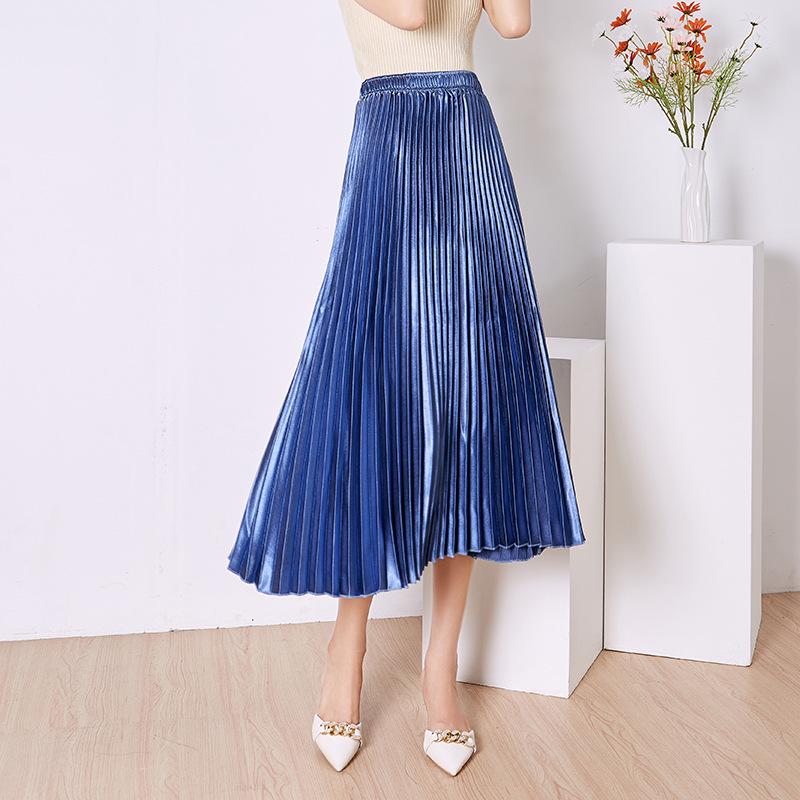 Solid Color High Waist Satin Pleated Midi Skirt - Women's New Spring/Summer/Autumn 2023 Collection