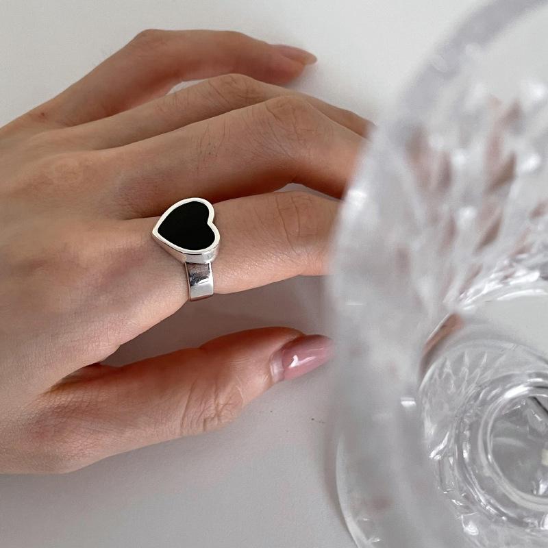 Xiaomi 925 Sterling Silver Geometric Irregular Black Heart Rings for Women Men Bohemian Retro Adjustable Open Antique Personality Ring