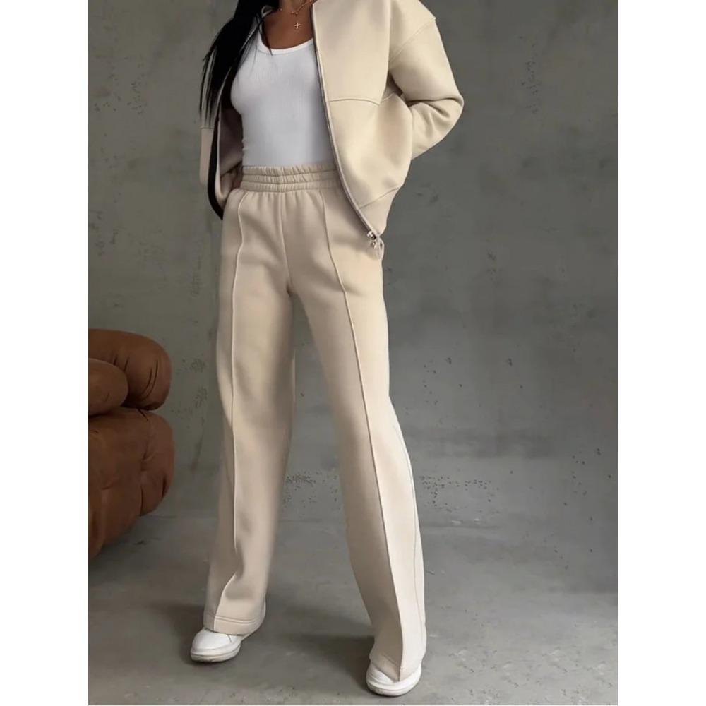 Women's Casual Sports Set Women's Solid Color Sweatshirt Zipper Jacket and Wide-leg Pants Set