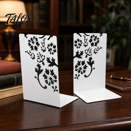 Compact Bookend 2PCS Metal Bookends, L-Shaped Reinforced Support Book Holder, with Non-Slip Large Capacity Holder Pads, Hollow Floral Design