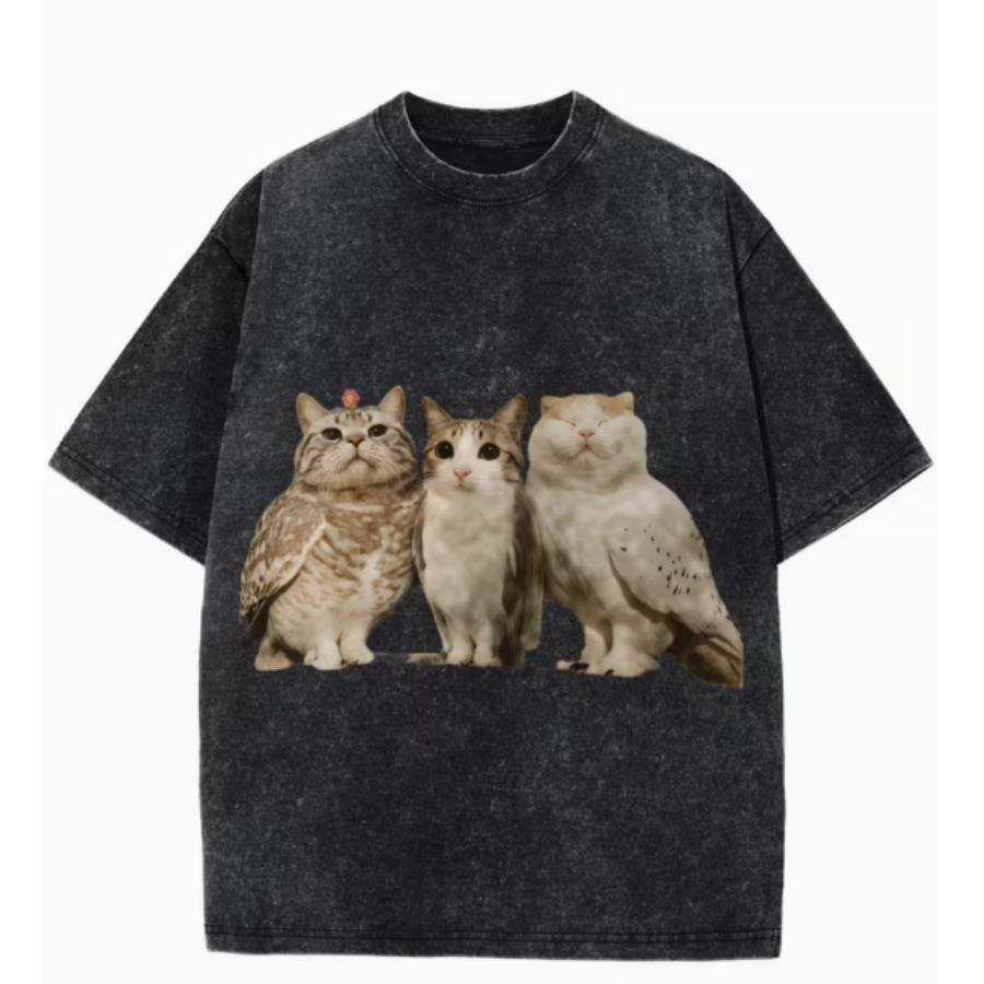 Women's Retro Tarot Black Cat T-shirt Retro Washed Casual T-shirt Mystery Cat Design Round Neck Short Sleeve Top Retro Style Top