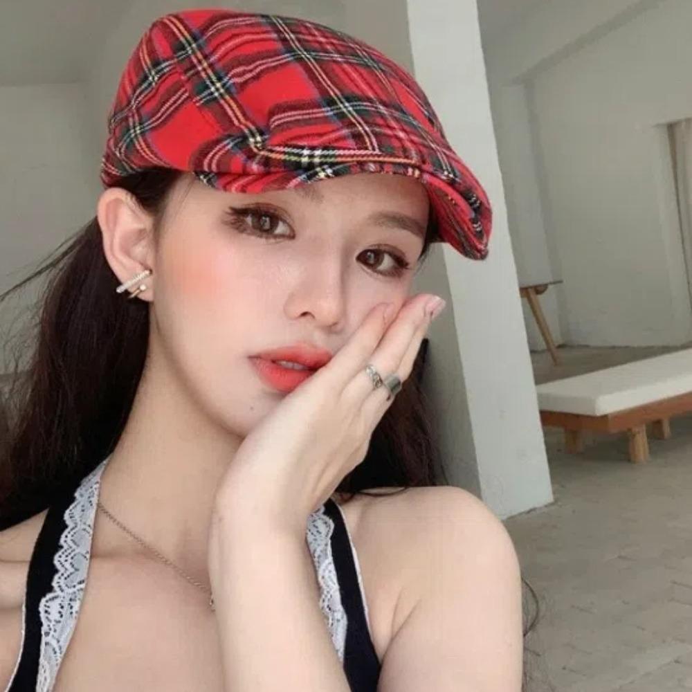 Short Brim British Forward Hat Cotton Cloth Painter Cap Simple Plaid Beret Cap  Work