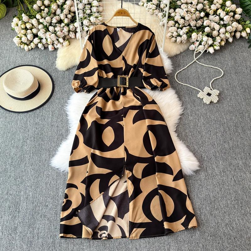 Stil franțuzesc, vară lungă, îmbrăcăminte nouă pentru femei, textura de înaltă calitate, rochie rafinată cu decolteu în V