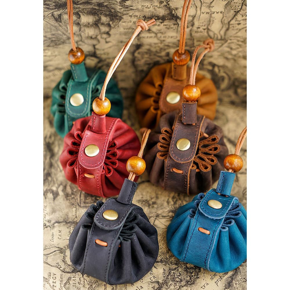 Whatna Natural Cowhide Handmade Coin Purse Coin Case Mini Sacoche Carabiner Pouch Thick Leather Genuine Leather Mini Drawstring Bag Mini Jewelry Box