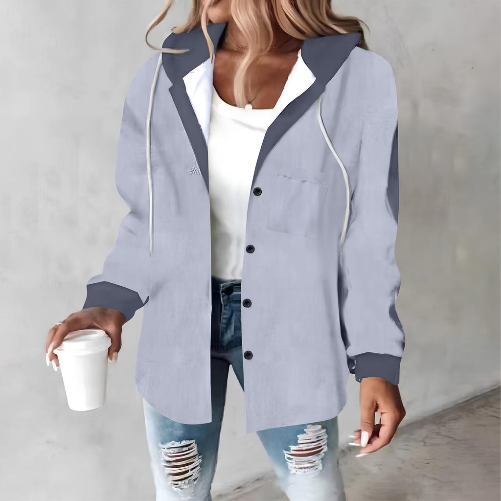 Women’s Plaid Hooded Shirt Long Sleeve Button Down Casual Loose Fit Drawstring Hood Classic Pattern Top