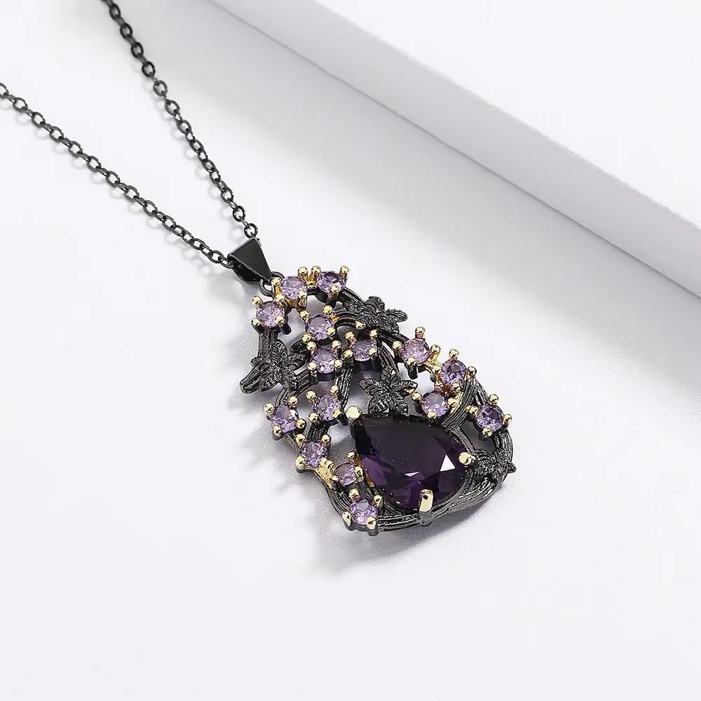 Elegant Purple Zircon Ladies Pendant Sweater Chain Black Gold Color Jewelry Personalized Accessories