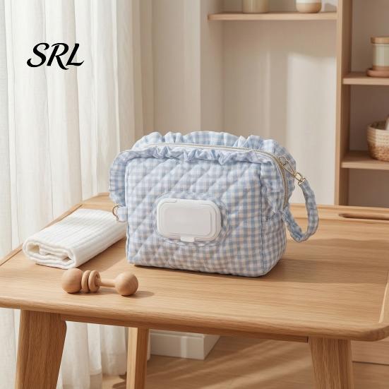 Portable Baby Wipe Dispenser Quilted Diaper Wipes Bag with Hanging Strap, Dual Compartment Zipper Plaid Ruffle Storage Pouch Bag, Large Capacity
