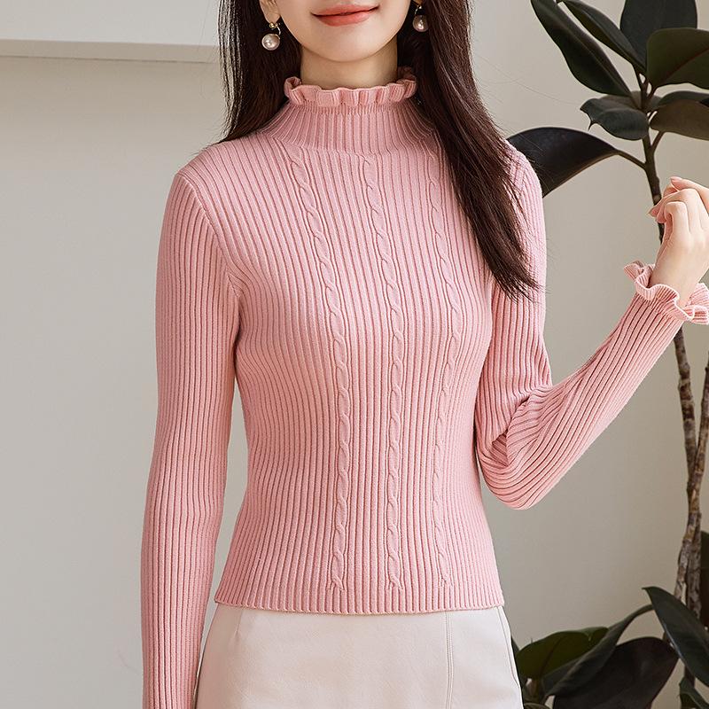 Pink Half-high Neck Twist Sweater for Women In Winter Trendyable Inner Wear Updated Black Ears Age-reducing Slimming Base Blouse