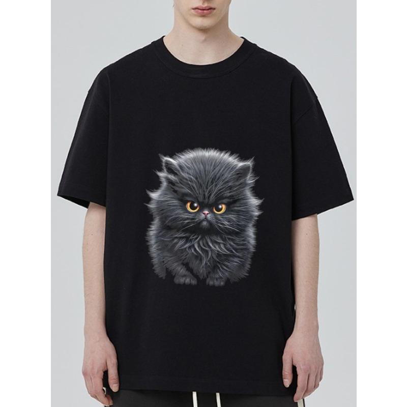 

Crewneck T Shirt Black Fluffy Cat Print for Casual Wear XXXXL чёрный