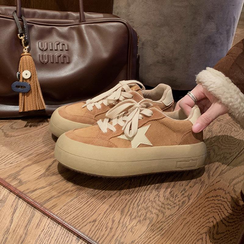 

Leather dirty shoes Korean version round head old platform bread shoes retro splicing casual style versatile star board shoes women 35 верблюд