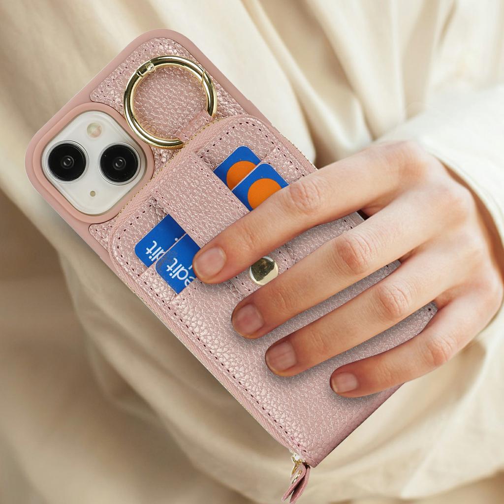For iPhone 15 Case with Zipper Pouch/Ring Kickstand/Strap Litchi Texture PU + TPU Phone Cover