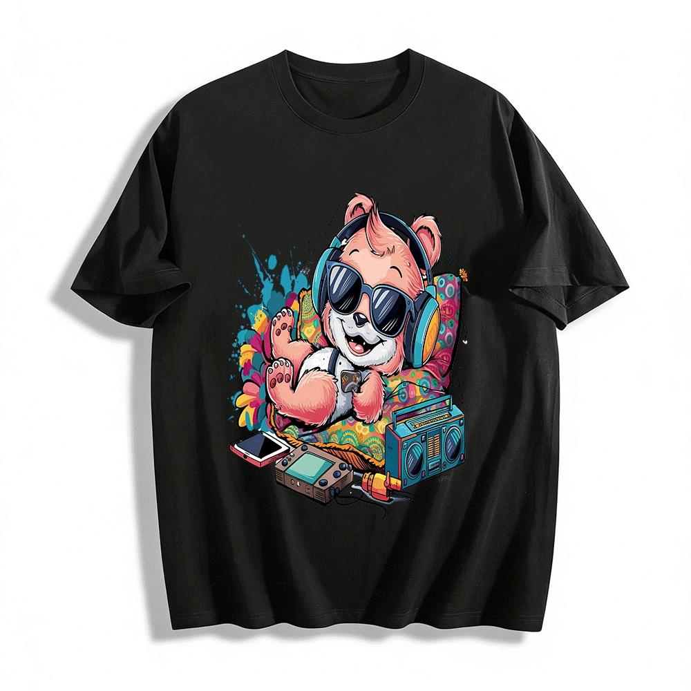 Cool Cute Music Bear Print Casual Loose Unisex T-Shirt Pure cotton T-shirt XXS