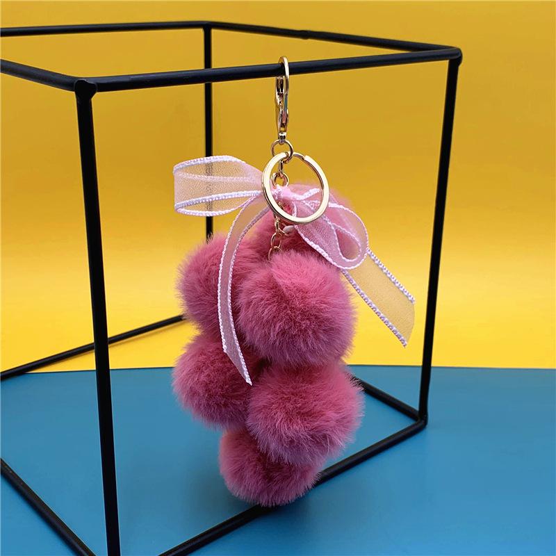 Cute Creative Grape Fruit Lace Bow Fur Ball Plush Doll Toy Keychain Pendant Bag Hanging Backpack Charm Car Keyring New Year Gift