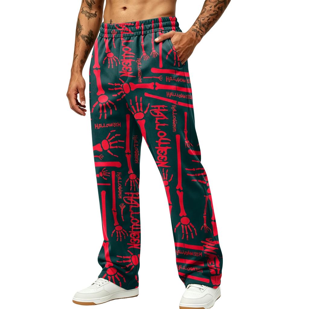 Men's Loose Wide Leg Cargo Jogger Pants with Pockets Halloween Print for Casual Outdoor Wear