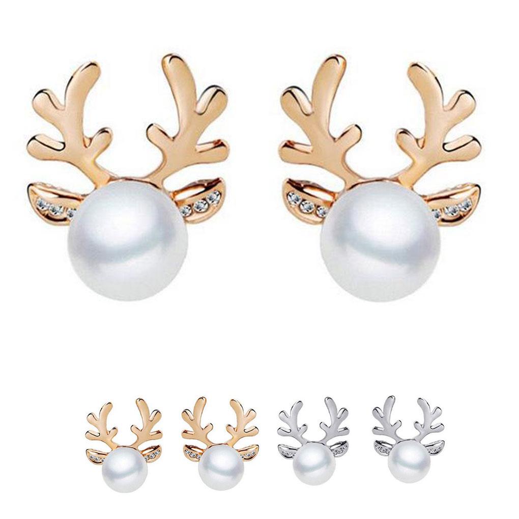 Elegant Women Pearl Antlers Pendant Necklace Crystal Rhinestones Shining Earrings Kit Girl Lady Gift Jewelry