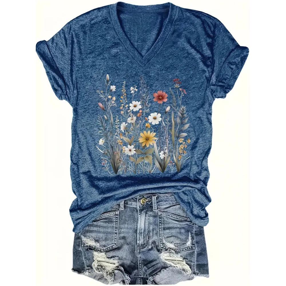 Summer Outdoor Women's T-Shirt Casual V-Neck Short Sleeve Tops Floral Butterfly Print Street Fashion Female Oversize Clothing