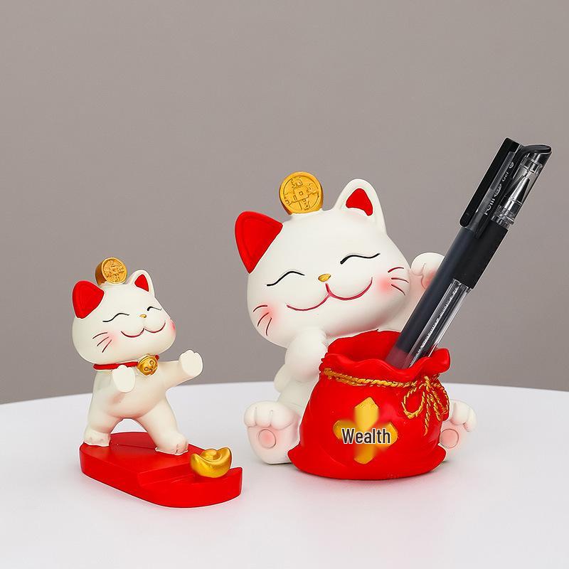 Lucky Cat Resin Mobile Holder - Cute Office Desktop Decoration Gift