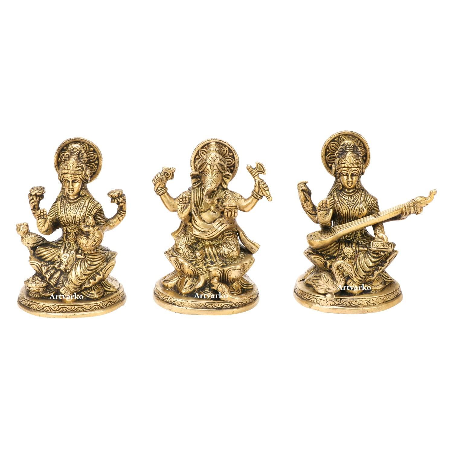 Original Brass Lakshmi Ganesha Saraswati Idol, Ganesh Laxmi Murti - 5 Inches
