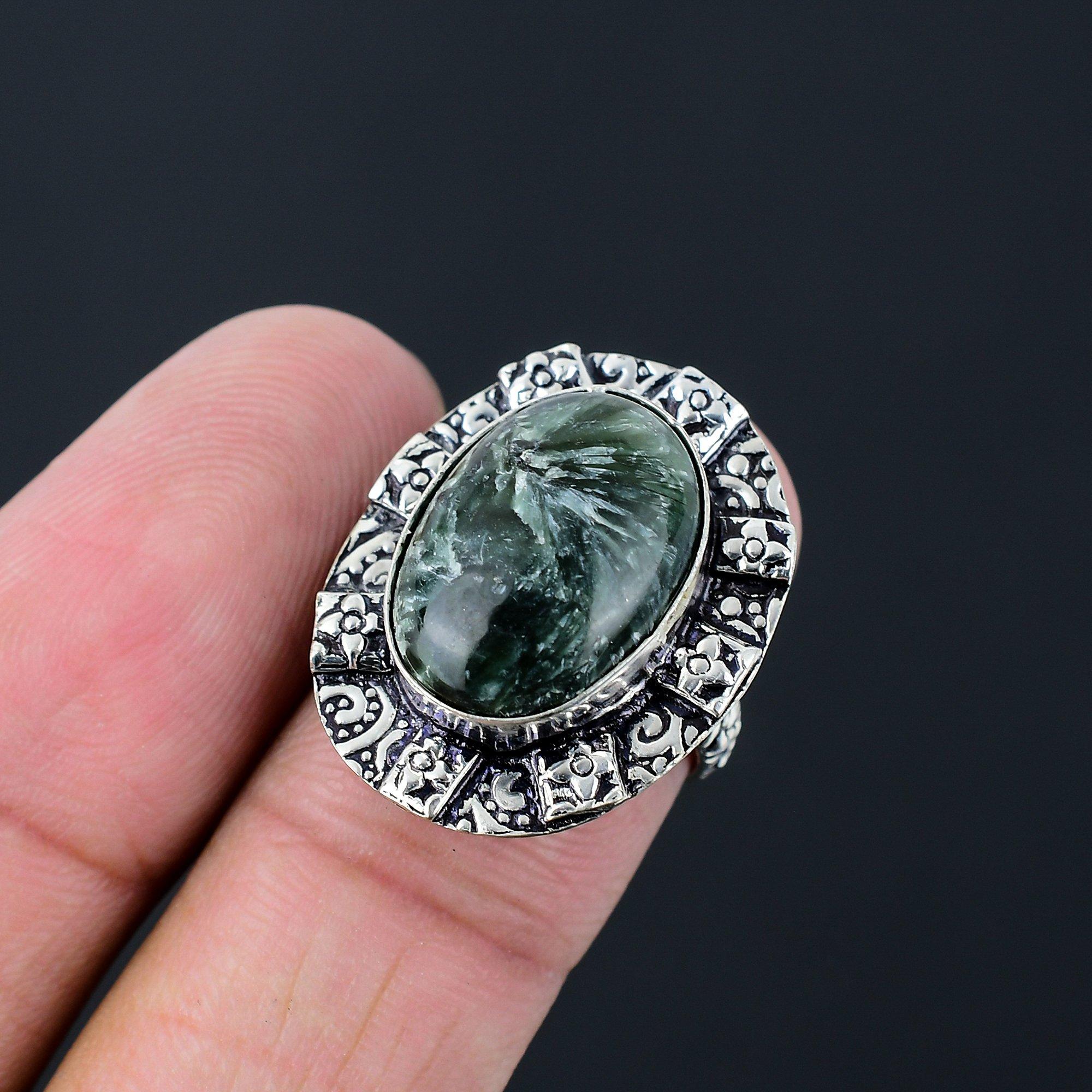 Seraphinite Stone Sterling Silver Ethnic Art Deco Statement Ring Jewelry US 6.5 6.5