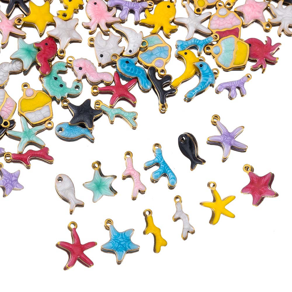 10pcs New Stainless Steel Colorful Marine Coral Starfish Fish Seaweed Charm Necklace Earring Pendant Base for DIY Jewelry Making