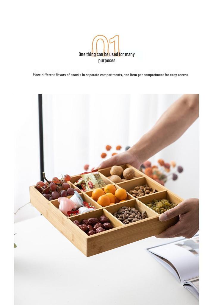 Nanmu Bamboo Nine-Grid Snack & Fruit Storage Box with Healthy Compartments