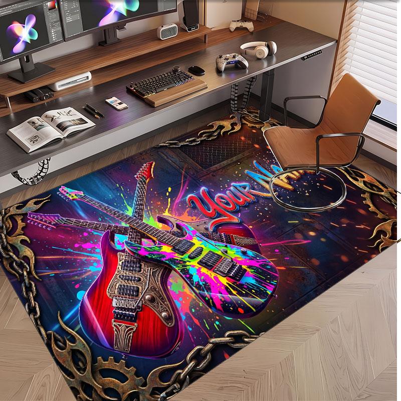 Music Guitar Theme Soft Crystal Velvet Rug Custom Name & Text Print Non Slip Floor Rug for Bedroom Living Room