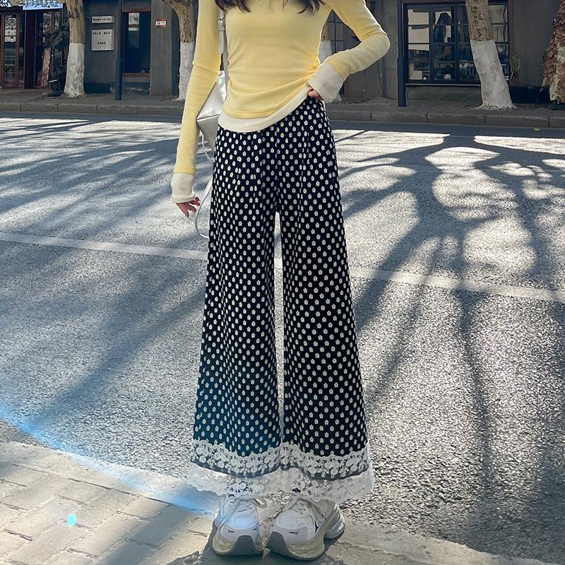 Design-sensing Lace Pants with Floral Wide-leg Pants for Women In Spring Elastic Waist Slimming Casual Straight Trousers