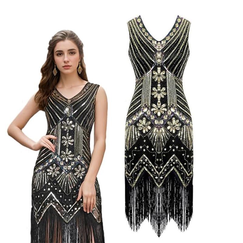 Robes Flapper Années 1920 pour Femmes à Franges et Sequins Robe Great Gatsby pour Femmes avec Accessoires Années 20 Costume Années Folles S