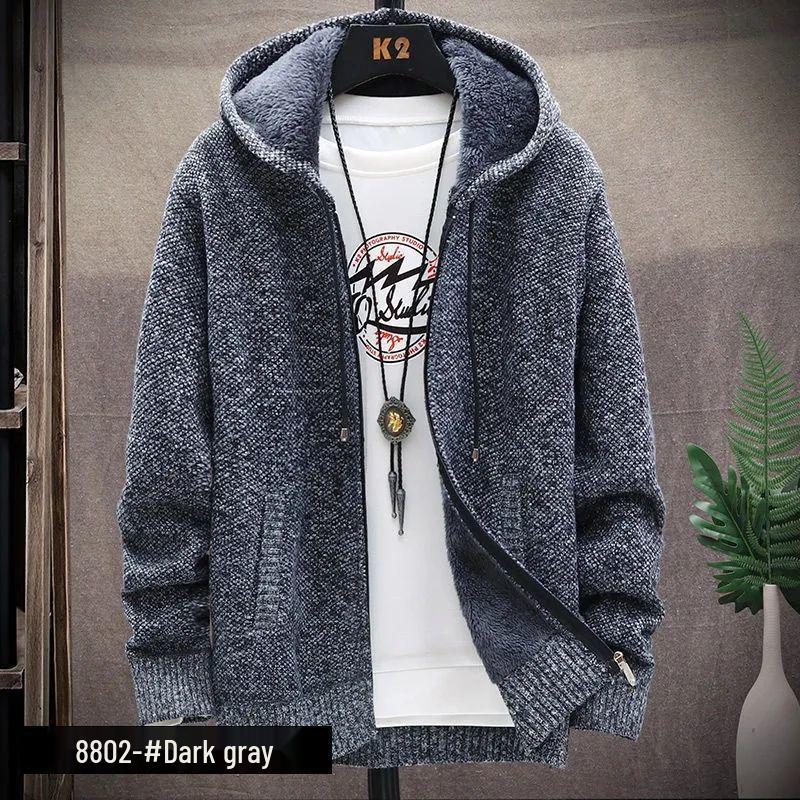 Men's Fleece-Lined Hooded Jacket: Autumn & Winter Warm Knit Cardigan, Loose Fit, Plus Size Sweater