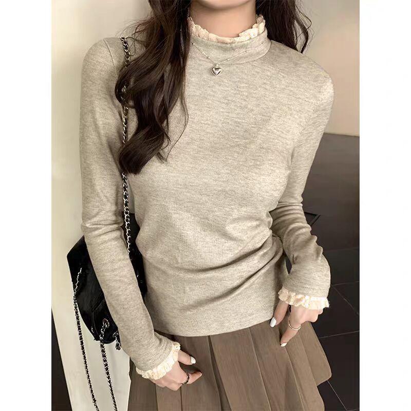 270g Lambswool Lace High-Collar Long-Sleeve T-Shirt for Women's Autumn/Winter