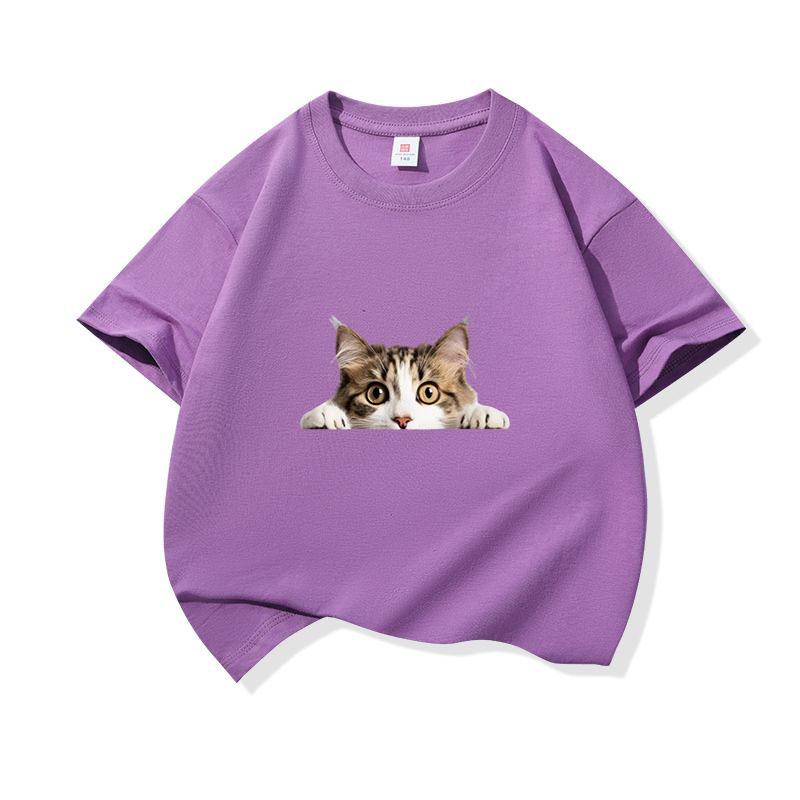 Kids Cotton T Shirt Peeking Domestic Shorthair Cat Graphic Crew Neck Short Sleeve Tee Casual Breathable Boys Girls Summer Tops