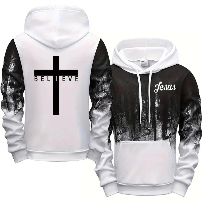 Jesus Christ Style Hoodies for Men High Quality Cross Printed Hooded Sweatshirts All Season Daily Casual Sporty Fashion Pullover