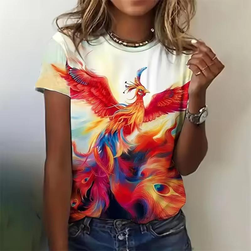 Summer Round Neck 3D Phoenix Pattern Print Top Fashionable Casual Short Sleeved Women's T-shirts