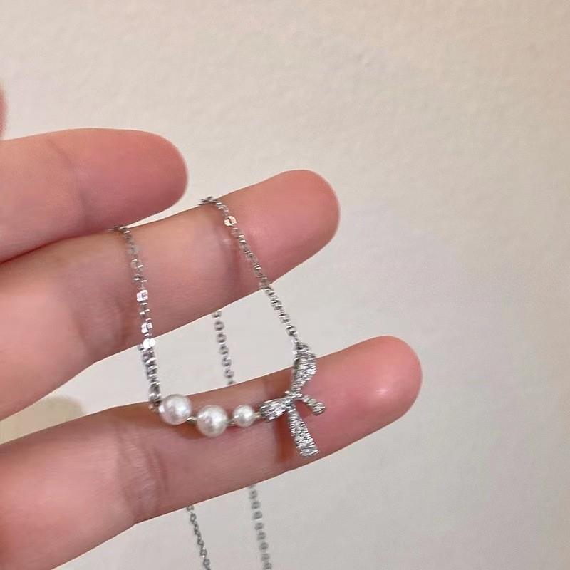iF ME Butterfly Knot Artificial Pearl Necklace for Woman Silver Chain Pendant Necklaces Accessories Jewelry