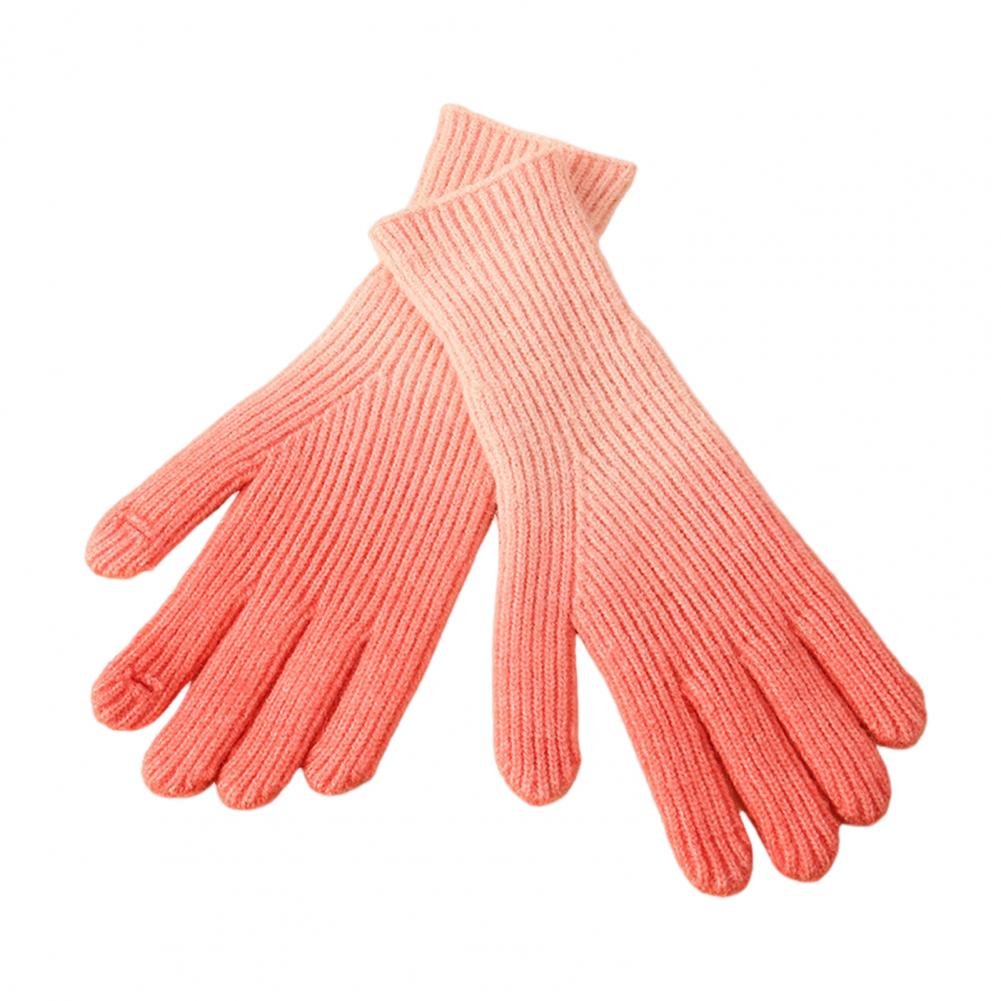 1 Pair Women Fall Winter Gloves Gradient Contrast Color Knitted Five Fingers Stretchy Anti slip Thermal Windproof O