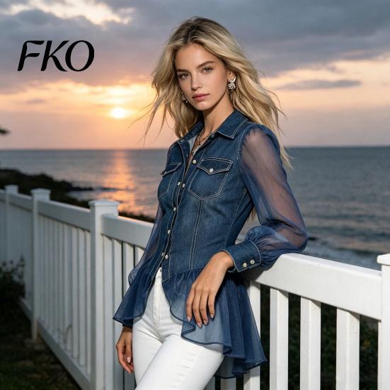 Women Mesh Detail Top Imitation Denim Tops for Women, Lapel Long Sleeve Shirt, Faux Blouse Patchwork Hem Blouse, Slim Fit Casual Work Party Date