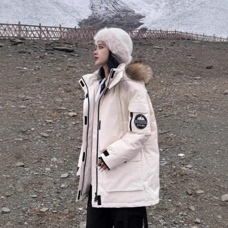 Workwear Parka Puffer Coat Winter Mid-Length Cotton Jacket With Faux Fur Trim Loose Fit Couples Outerwear
