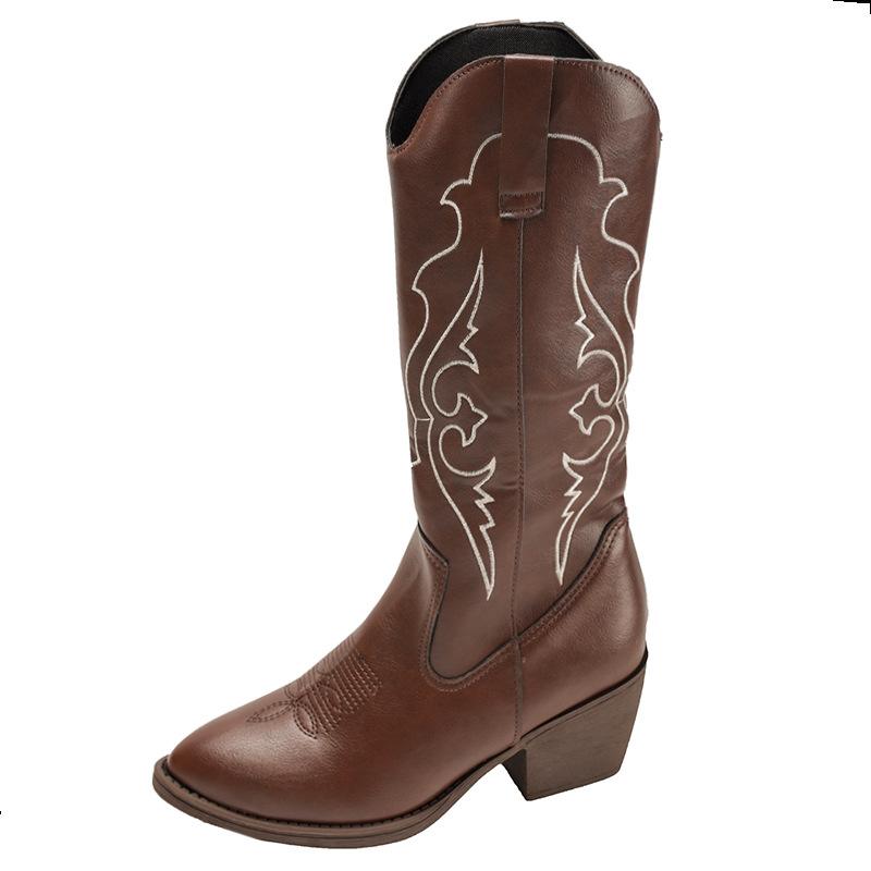 Brown retro embroidered pointed high-heeled western cowboy boots women's summer 2025 new versatile heightening knight boots