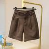 Damen Braun Hohe Taille Falten Denim Shorts Weites Bein Bermuda Shorts