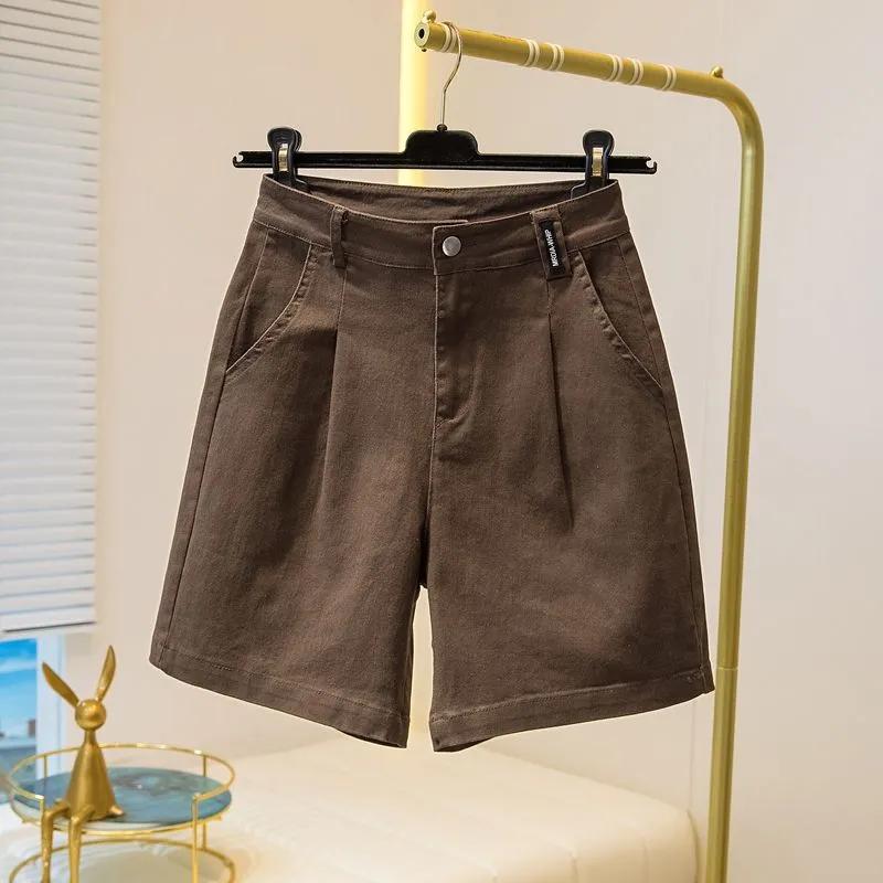 Women's Brown High Waist Pleated Denim Shorts Wide Leg Bermuda Shorts