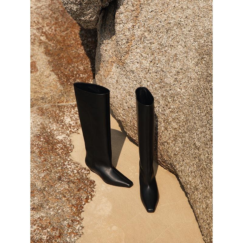 Cowhide version autumn and winter square head leather wedge heel knight boots women's straight boots high boots but knee wide tube thin boots