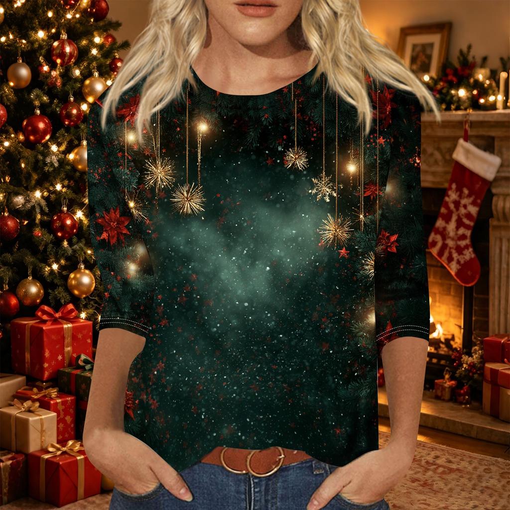 Women's Fashion Casual Christmas Print Three-Quarter Sleeve Neck T-Shirt