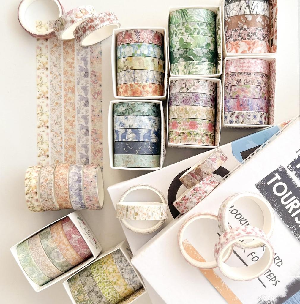 YUBX Masking Blooming Floral Washi Cute Thin Strips for DIY Gift and Gift Decorations of Tape, 30-Piece Set, Tape, Crafts, Journals, Planners,
