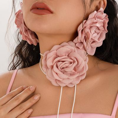 Exaggerated Three-Dimensional Rose Flower Necklace Choker Simulated Fabric Wax Thread Wrapped Camellia Neck Chain