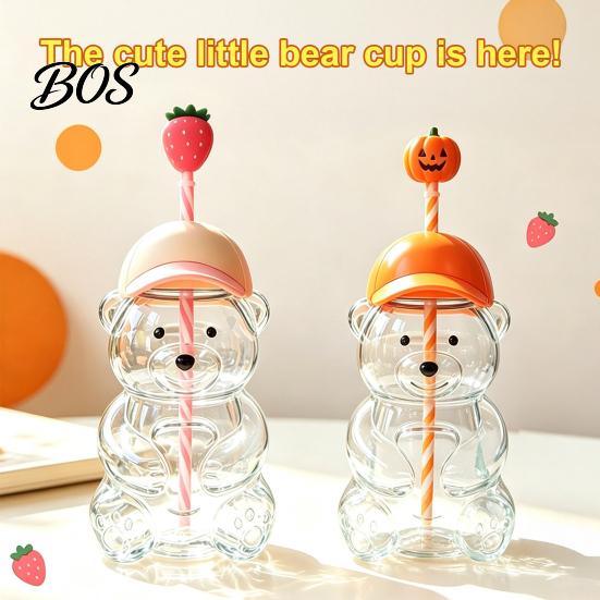 Heat Resistant Borosilicate Glass 600ML Bear Tumbler with Lid & Straw, 20oz Drinking Durable Container Cup for Iced Coffee, Boba Tea, Milk, Gift Women