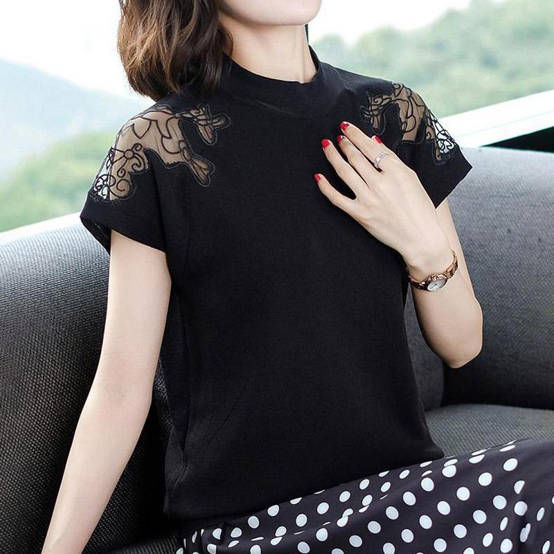 T-shirt Tops Women Summer Versatile Loose Lace Comfortable Soft Casual Pullover T-shirt Top