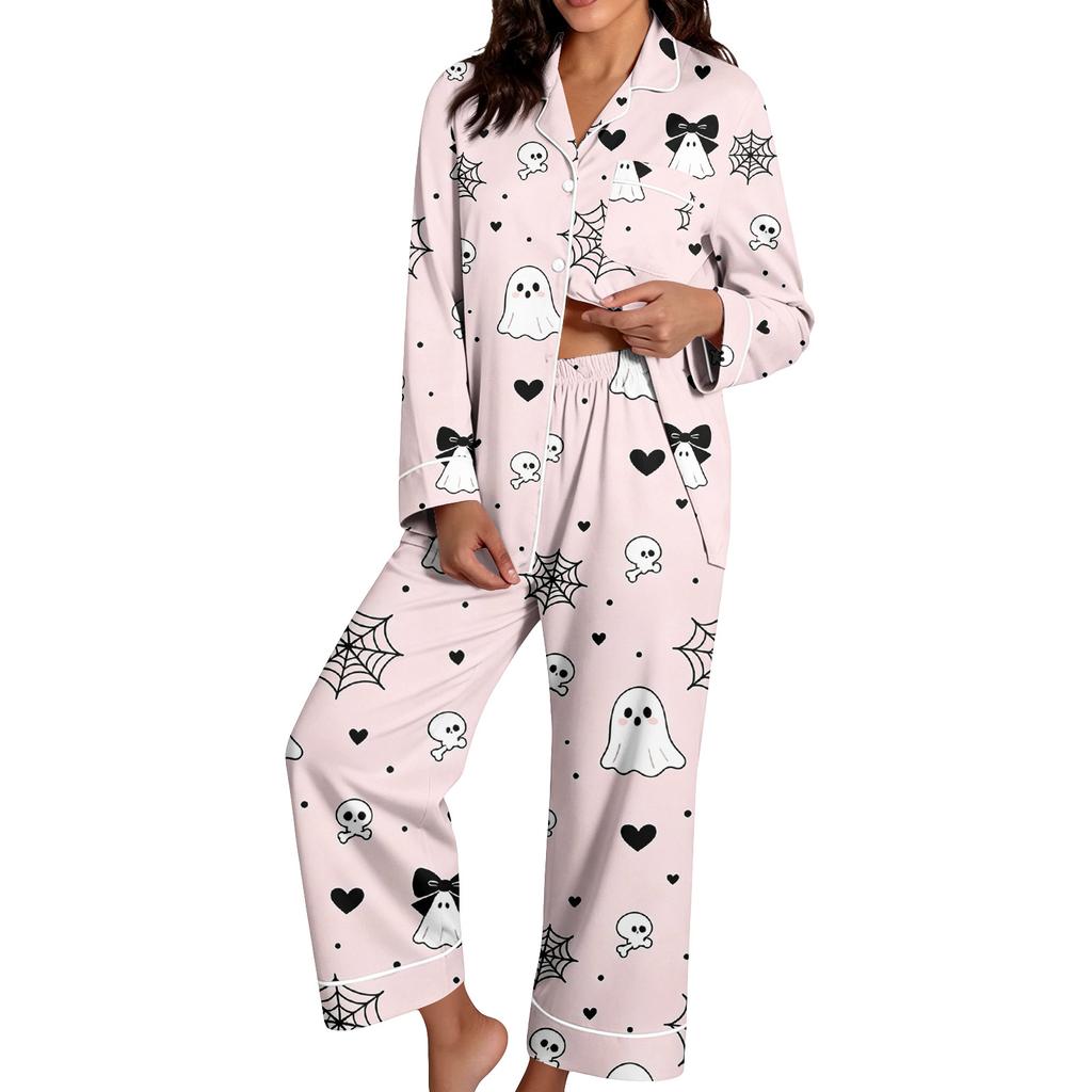 Set Pigiama da Donna a Manica Lunga con Stampa di Halloween e Pantaloni per la Notte